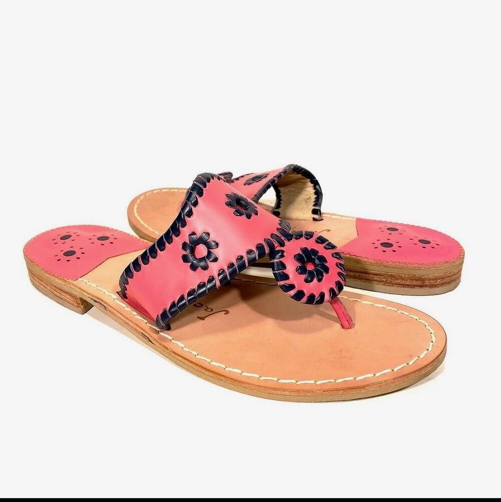 Jack Rogers Jacks Flat Leather Sandals Orange Black Halloween Game Day | Size 7